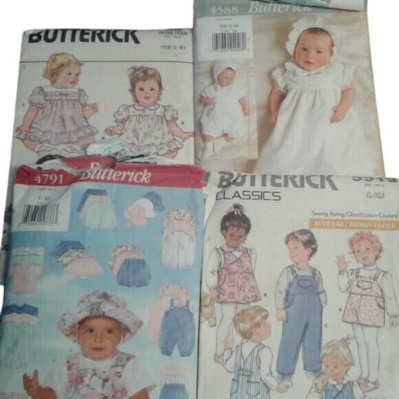 Butterick NB Infant Sewing Patterns Dress Pinafore Overalls Hat Romper - Picture 1 of 13